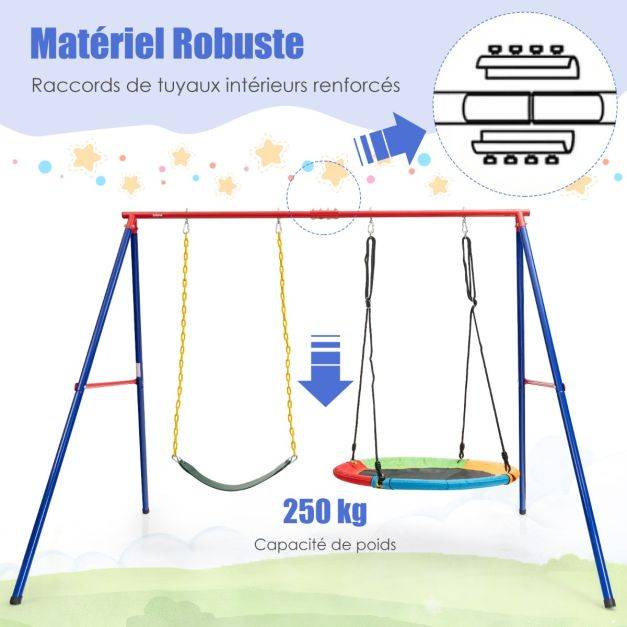 Helloshop26 - Portique de balançoire en métal avec structure en a support de balançoire en acier avec tapis antidérapant charge 250 kg 260 x 182 x 182 cm - Imagen 6