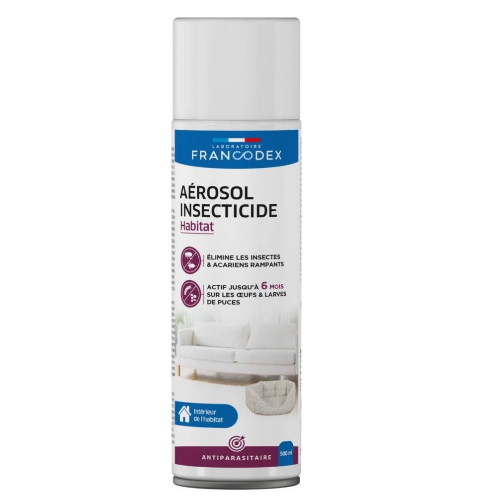 Francodex - Aerosol insecticida para el hogar contra pulgas y ácaros, 500 ml - Francodex