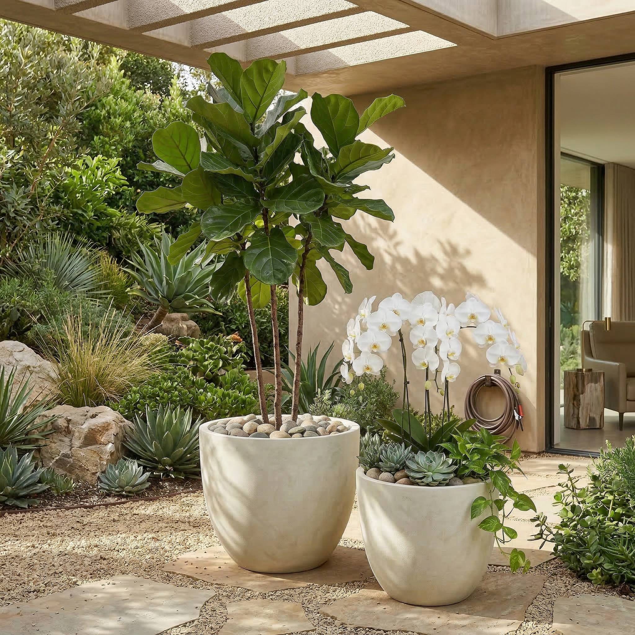 Lot 2 Pots Fleurs Ronds Magnésie Jardin Intérieur Avec Drainage 45cm 38cm Blanc - ComfortXL Outdoor Living - Image 3