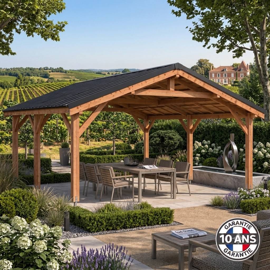 Cpbf Charpentes - Carport bois 2 pentes en bois douglas 33 m², 6 poteaux. Abri voiture extérieur. Garantie 10 ans.