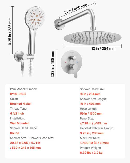 Vevor - VEVOR Kit de Douche avec Douchette de Tête Ronde 25,4 cm et à Main Nickel Brossé - Image 7