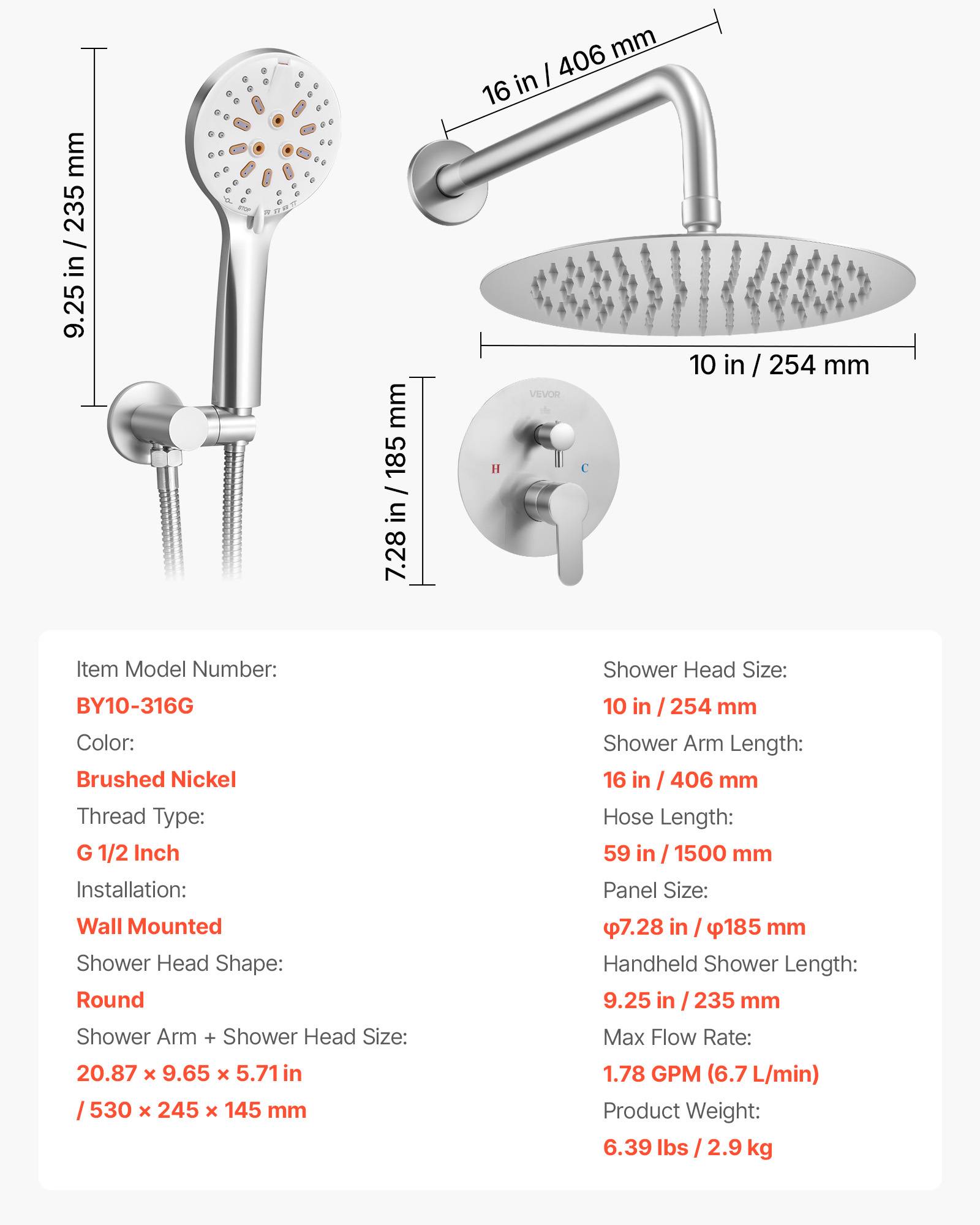 Vevor - VEVOR Kit de Douche avec Douchette de Tête Ronde 25,4 cm et à Main Nickel Brossé - Image 7