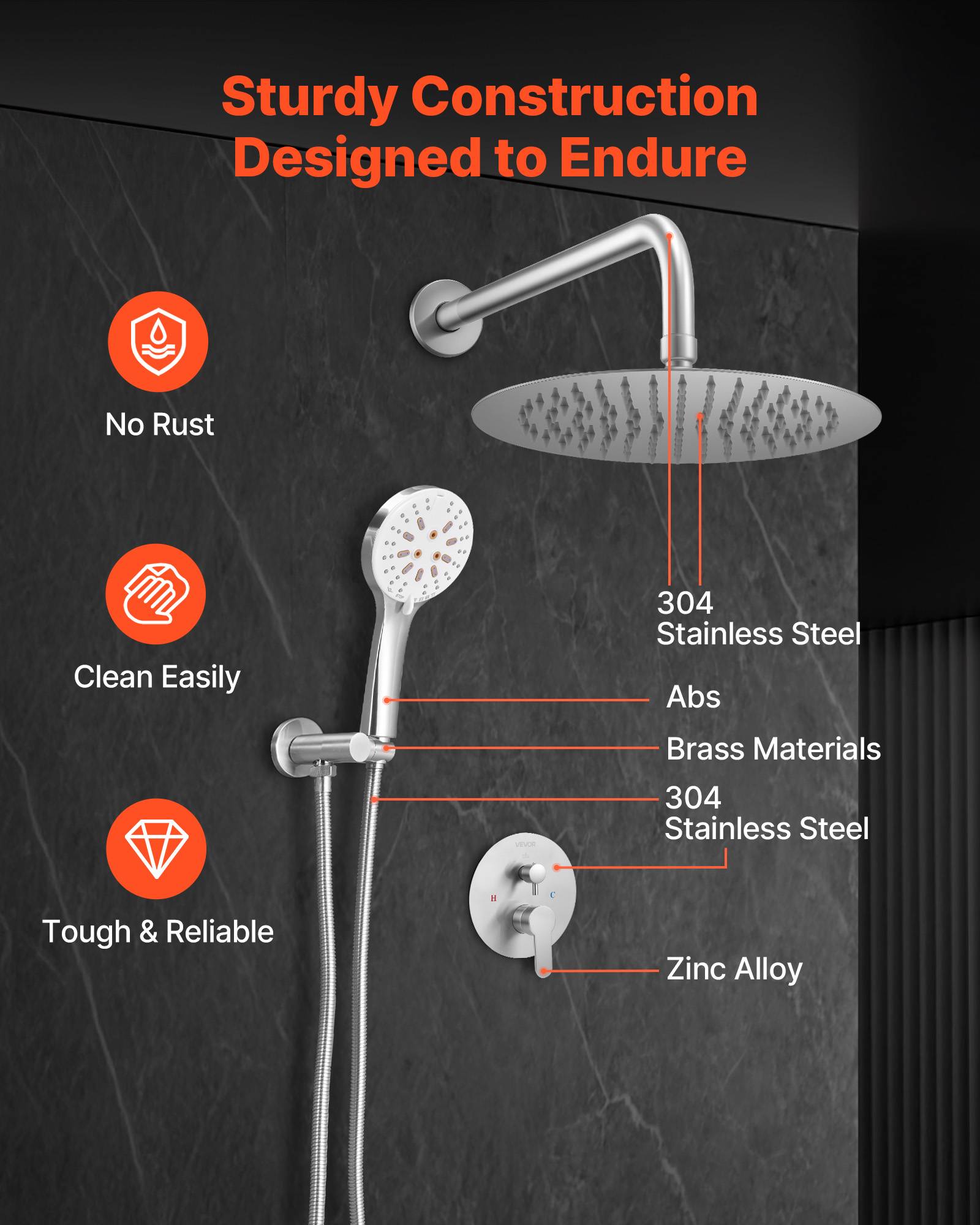 Vevor - VEVOR Kit de Douche avec Douchette de Tête Ronde 25,4 cm et à Main Nickel Brossé - Image 6