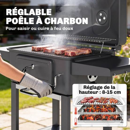 Barbecue charbon XXL métal galvanisé pour jardin bac réglable 112 cm noir - ComfortXL Outdoor Living - Image 7