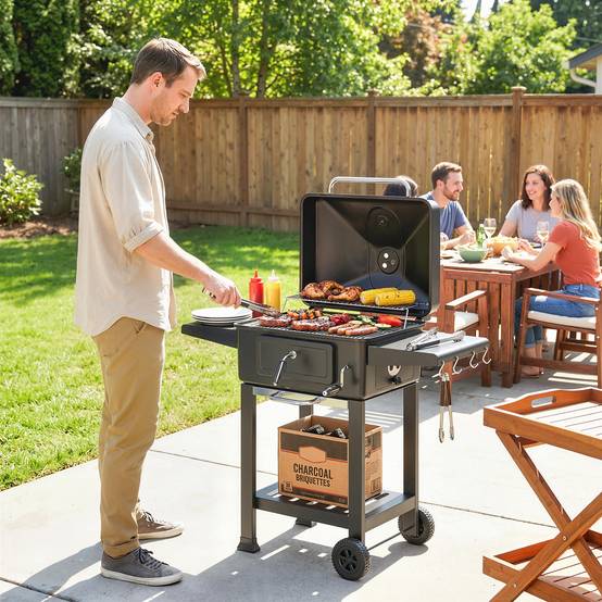 Barbecue charbon XXL métal galvanisé pour jardin bac réglable 112 cm noir - ComfortXL Outdoor Living - Image 4