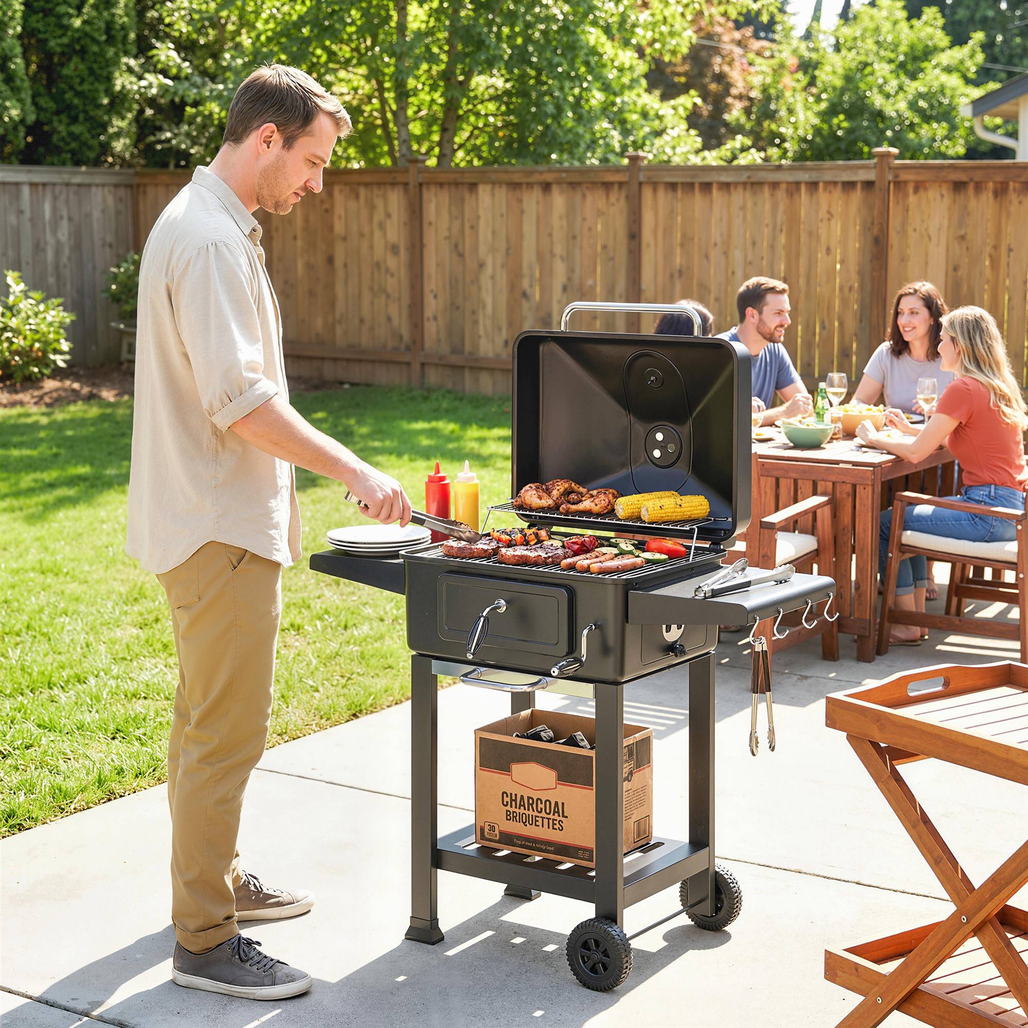 Barbecue charbon XXL métal galvanisé pour jardin bac réglable 112 cm noir - ComfortXL Outdoor Living - Image 4