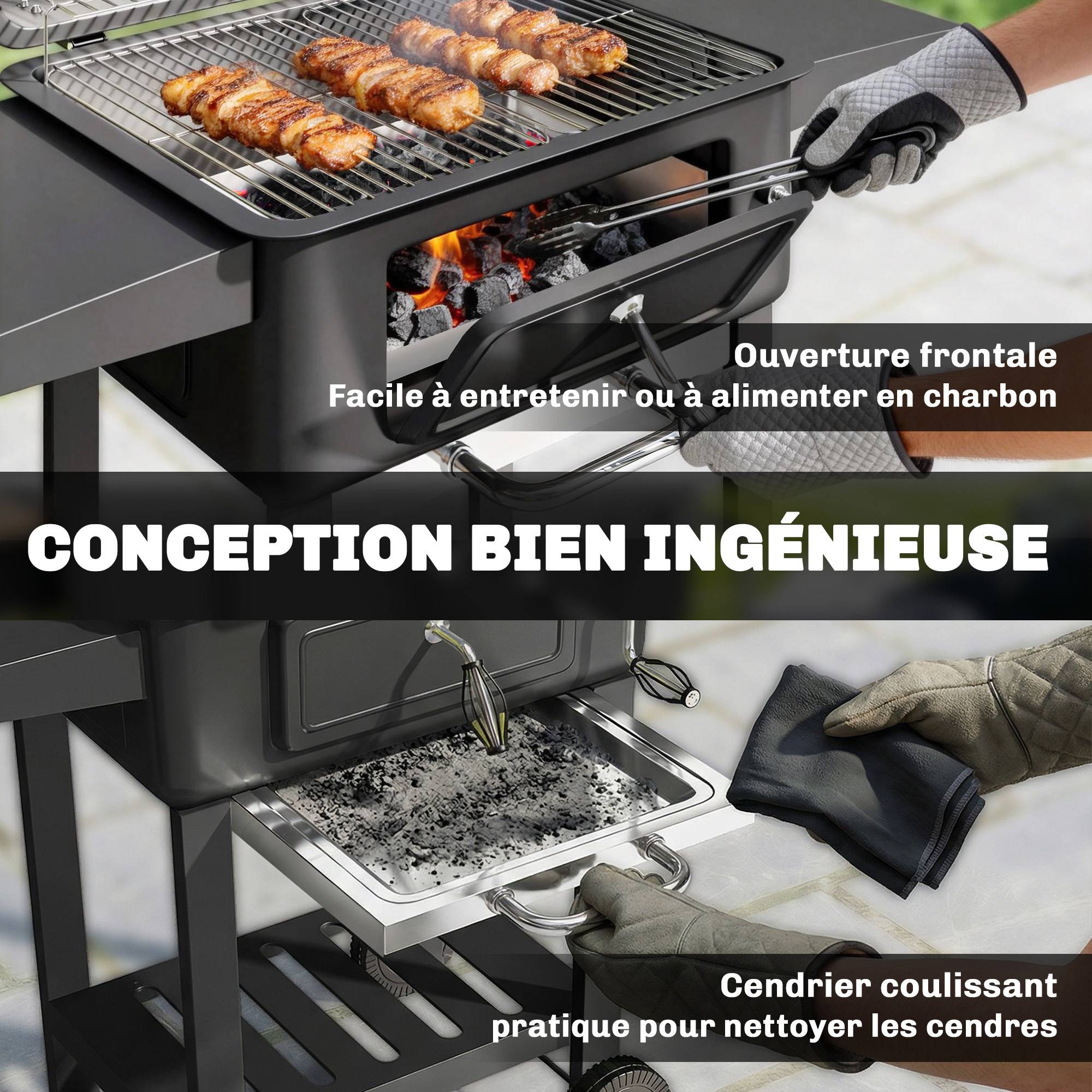Barbecue charbon XXL métal galvanisé pour jardin bac réglable 112 cm noir - ComfortXL Outdoor Living - Image 10