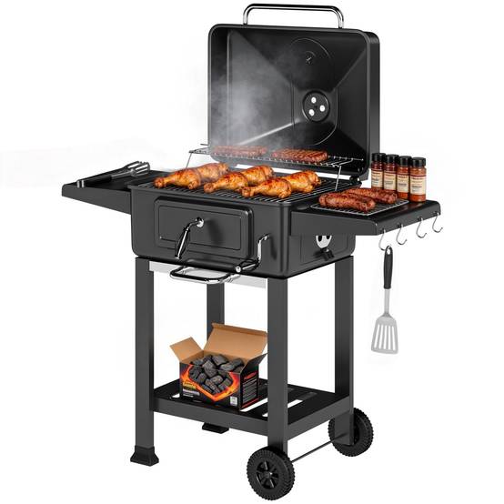 Barbecue charbon XXL métal galvanisé pour jardin bac réglable 112 cm noir - ComfortXL Outdoor Living - Image 1