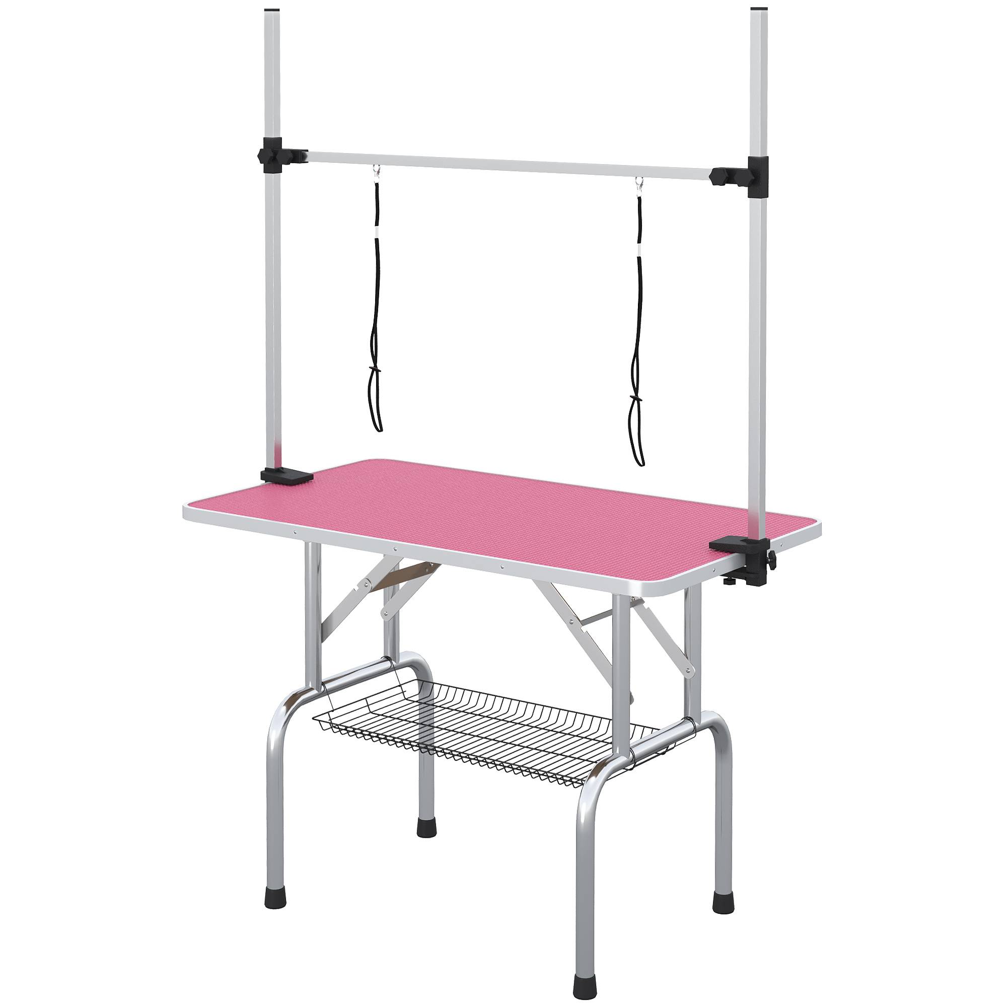 Sans Marque - Table de toilettage pliante pour chiens avec panier en métal, barre réglable en acier inoxydable, 107 x 60 x 164 cm, rose - Image 2
