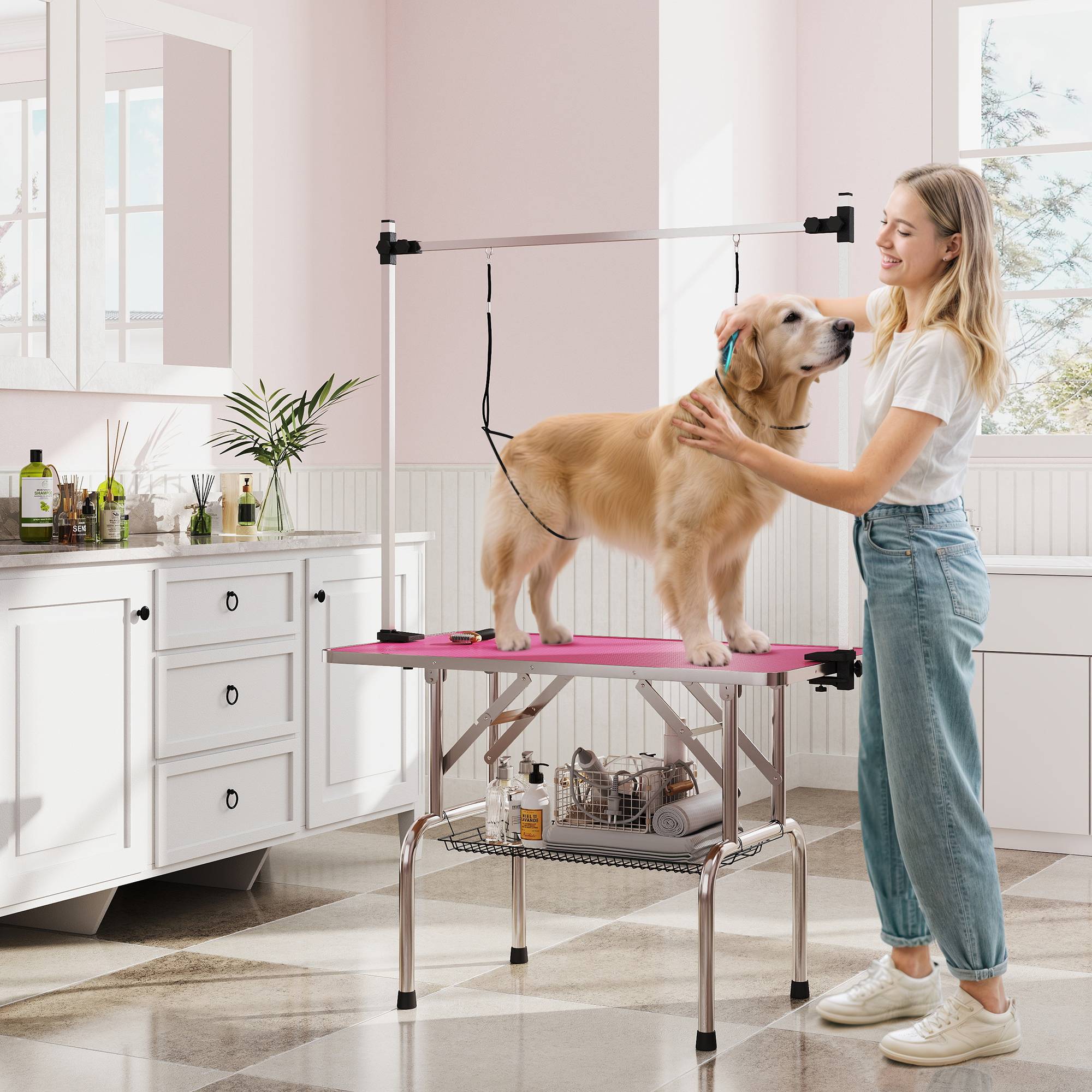 Sans Marque - Table de toilettage pliante pour chiens avec panier en métal, barre réglable en acier inoxydable, 107 x 60 x 164 cm, rose - Image 4