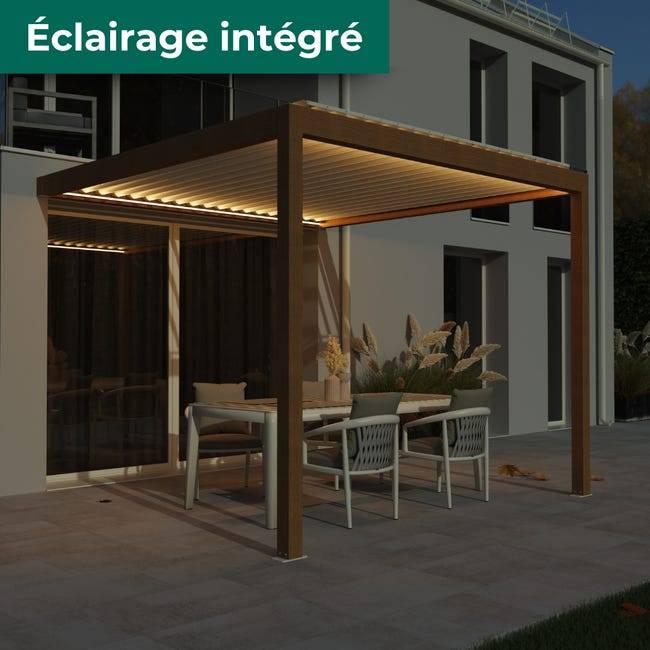 Pergola Bioclimatique Adossée Motorisée Éclairée Aluminium 3x3 Aspect Bois SV ORIAL France - Image 2