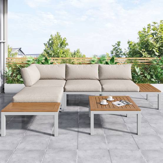 Ensemble salon de jardin beige (2 canapés 2 places, 2 tables d'appoint, 1 table), cadre en acier galvanisé, Table arabe en bois massif - Image 1