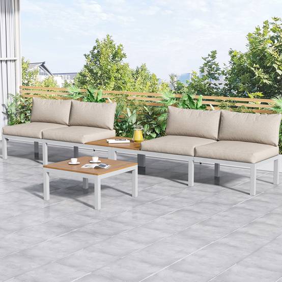 Ensemble salon de jardin beige (2 canapés 2 places, 2 tables d'appoint, 1 table), cadre en acier galvanisé, Table arabe en bois massif - Image 2