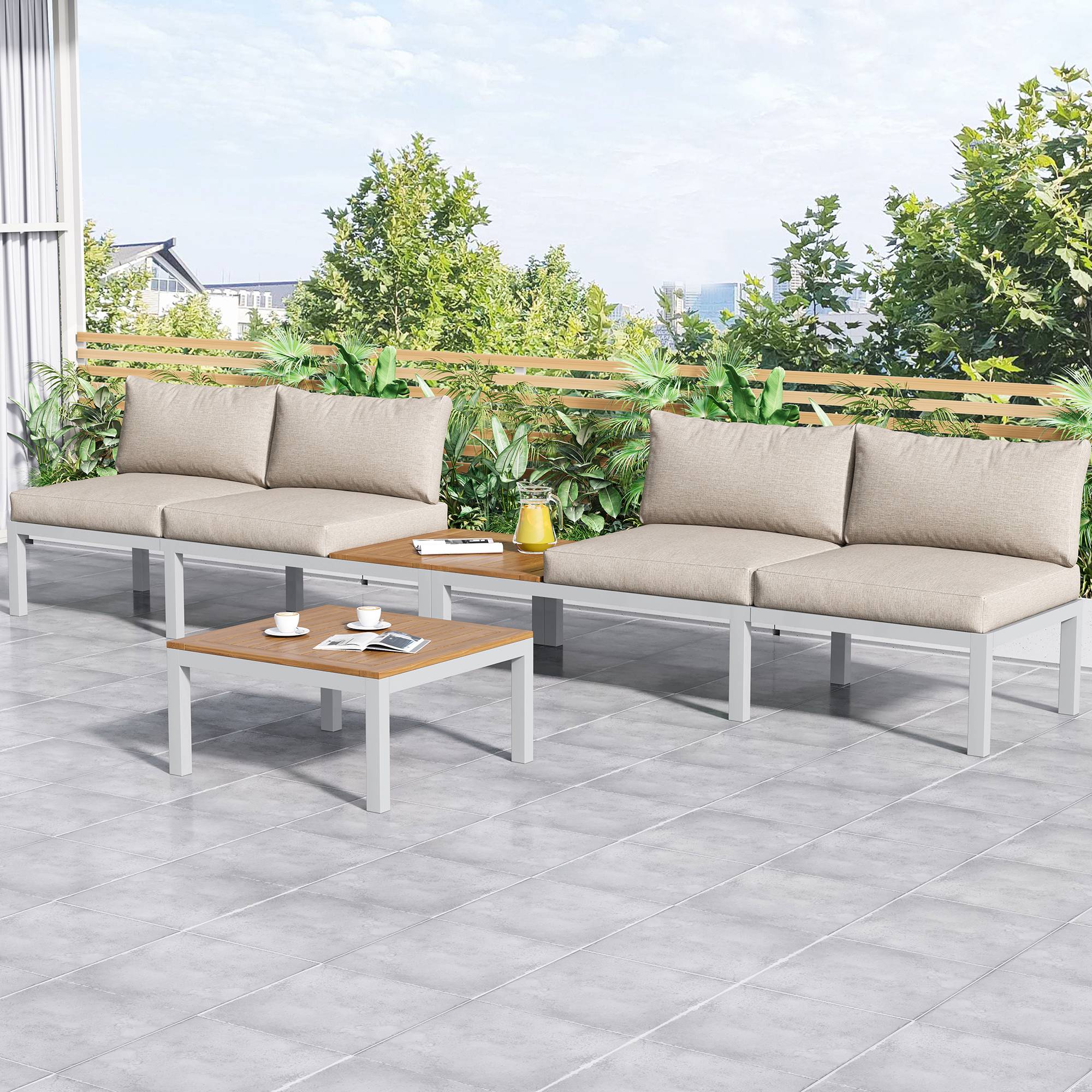 Ensemble salon de jardin beige (2 canapés 2 places, 2 tables d'appoint, 1 table), cadre en acier galvanisé, Table arabe en bois massif - Image 2