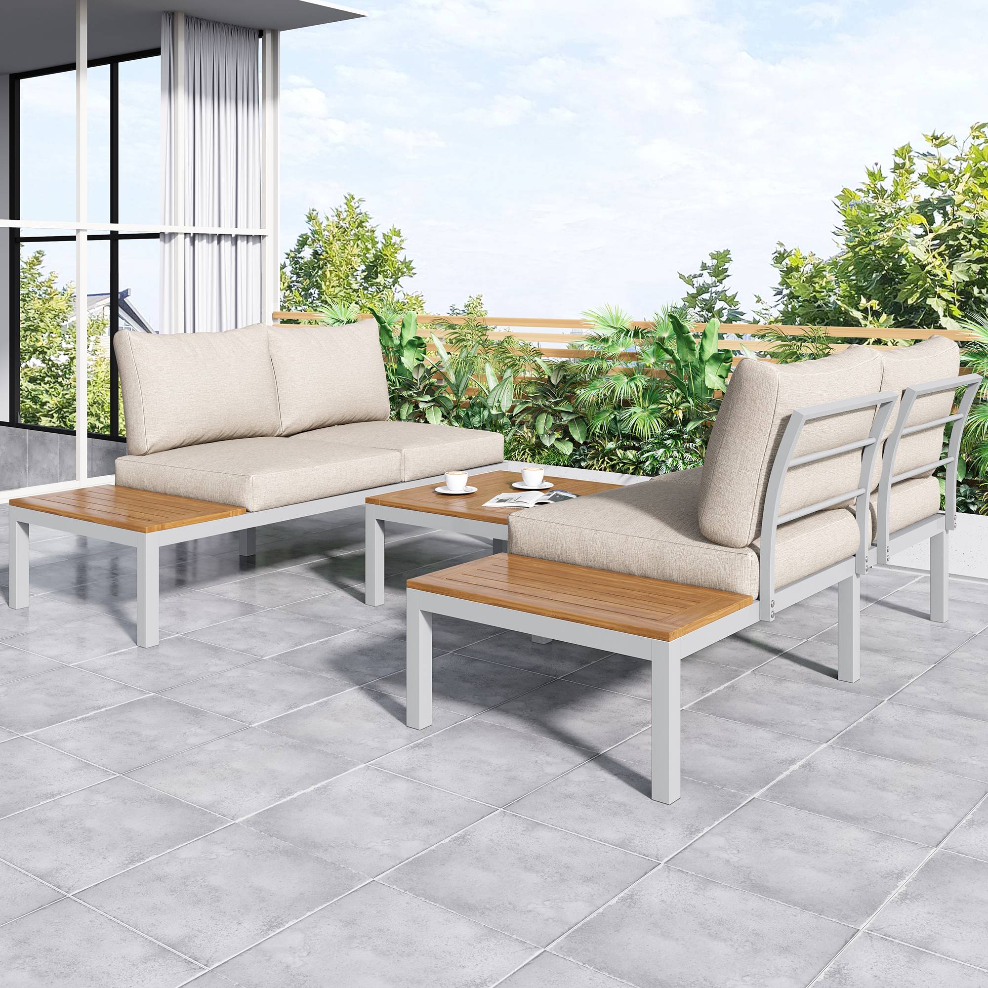 Ensemble salon de jardin beige (2 canapés 2 places, 2 tables d'appoint, 1 table), cadre en acier galvanisé, Table arabe en bois massif - Image 5