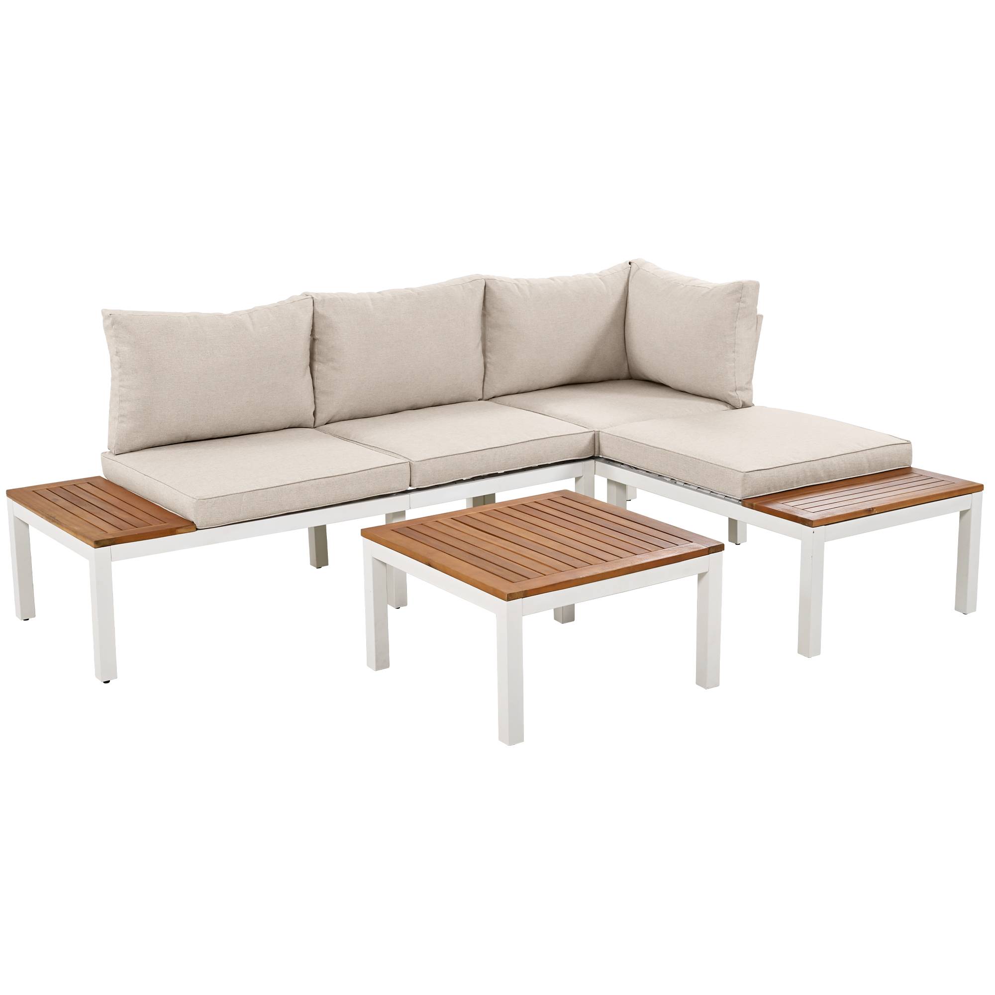 Ensemble salon de jardin beige (2 canapés 2 places, 2 tables d'appoint, 1 table), cadre en acier galvanisé, Table arabe en bois massif - Image 6