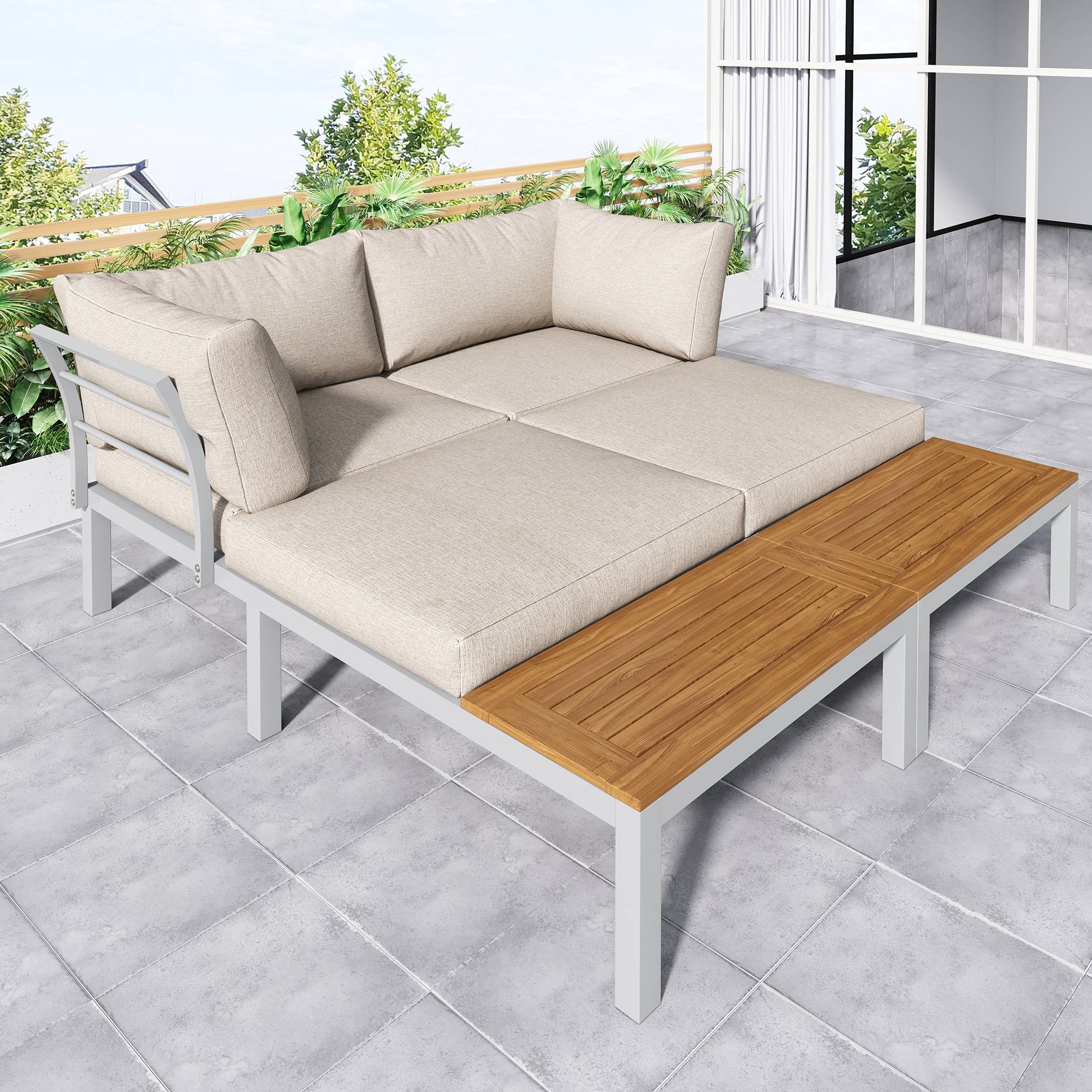 Ensemble salon de jardin beige (2 canapés 2 places, 2 tables d'appoint, 1 table), cadre en acier galvanisé, Table arabe en bois massif - Image 4