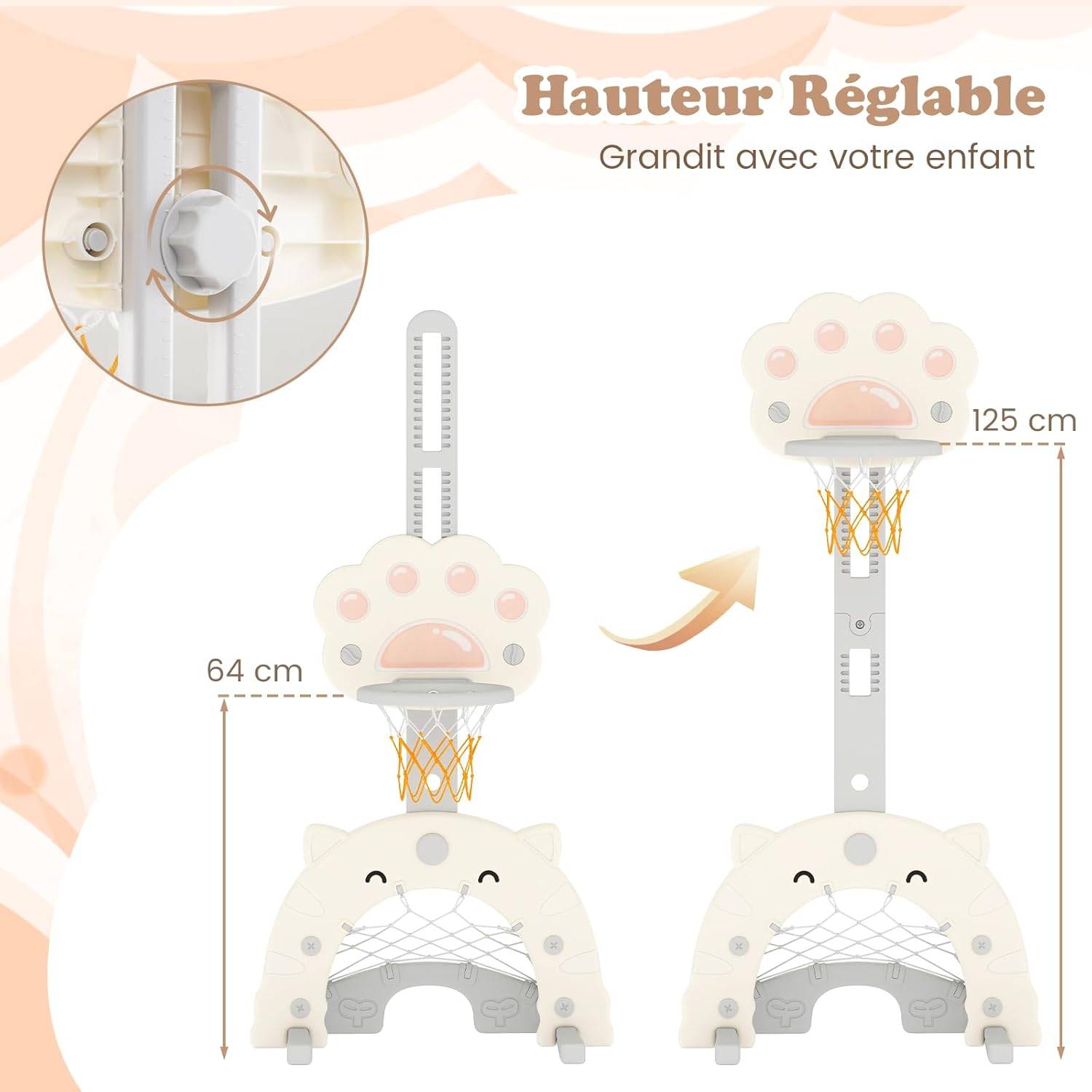 Hoopyosms 3-en-1 Panier De Basket Enfant – Hauteur Réglable + But De Foot + Lancer D'anneaux – Pour Intérieur Et Extérieur – Gris