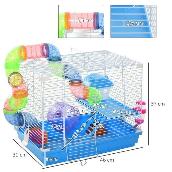Cage Hamster Portable 46 x 30 x 37 cm avec Tubes, Roue, Biberon, Mangeoire et Rampe, Usage Intérieur/Extérieur, Bleu/Blanc - Image 5