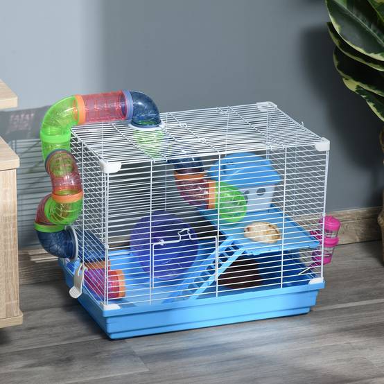 Cage Hamster Portable 46 x 30 x 37 cm avec Tubes, Roue, Biberon, Mangeoire et Rampe, Usage Intérieur/Extérieur, Bleu/Blanc - Image 3