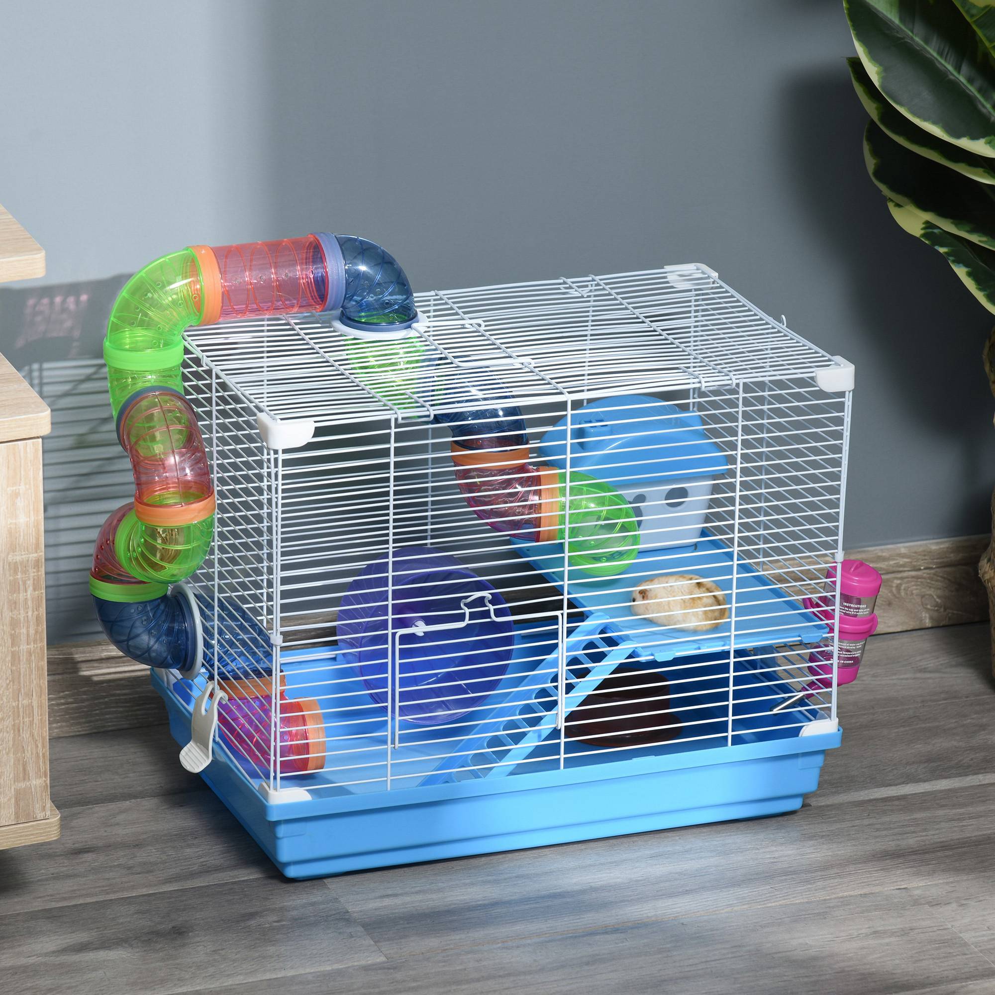 Cage Hamster Portable 46 x 30 x 37 cm avec Tubes, Roue, Biberon, Mangeoire et Rampe, Usage Intérieur/Extérieur, Bleu/Blanc - Image 3