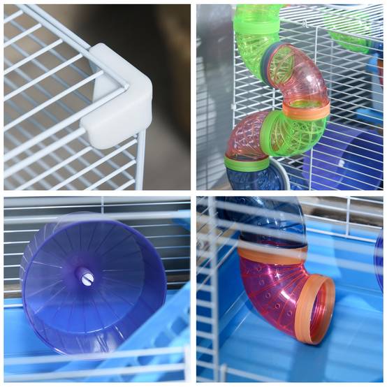 Cage Hamster Portable 46 x 30 x 37 cm avec Tubes, Roue, Biberon, Mangeoire et Rampe, Usage Intérieur/Extérieur, Bleu/Blanc - Image 10