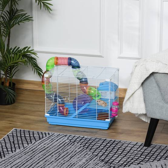 Cage Hamster Portable 46 x 30 x 37 cm avec Tubes, Roue, Biberon, Mangeoire et Rampe, Usage Intérieur/Extérieur, Bleu/Blanc - Image 4