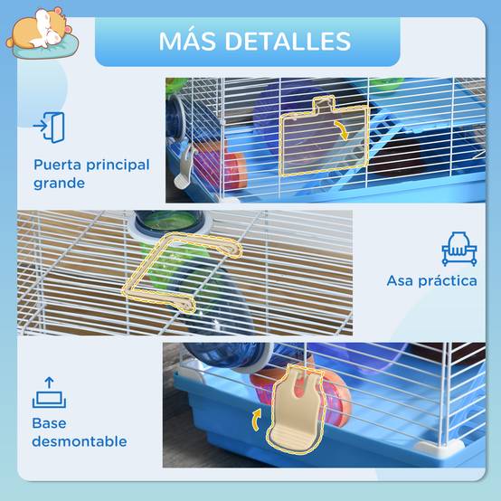 Cage Hamster Portable 46 x 30 x 37 cm avec Tubes, Roue, Biberon, Mangeoire et Rampe, Usage Intérieur/Extérieur, Bleu/Blanc - Image 8
