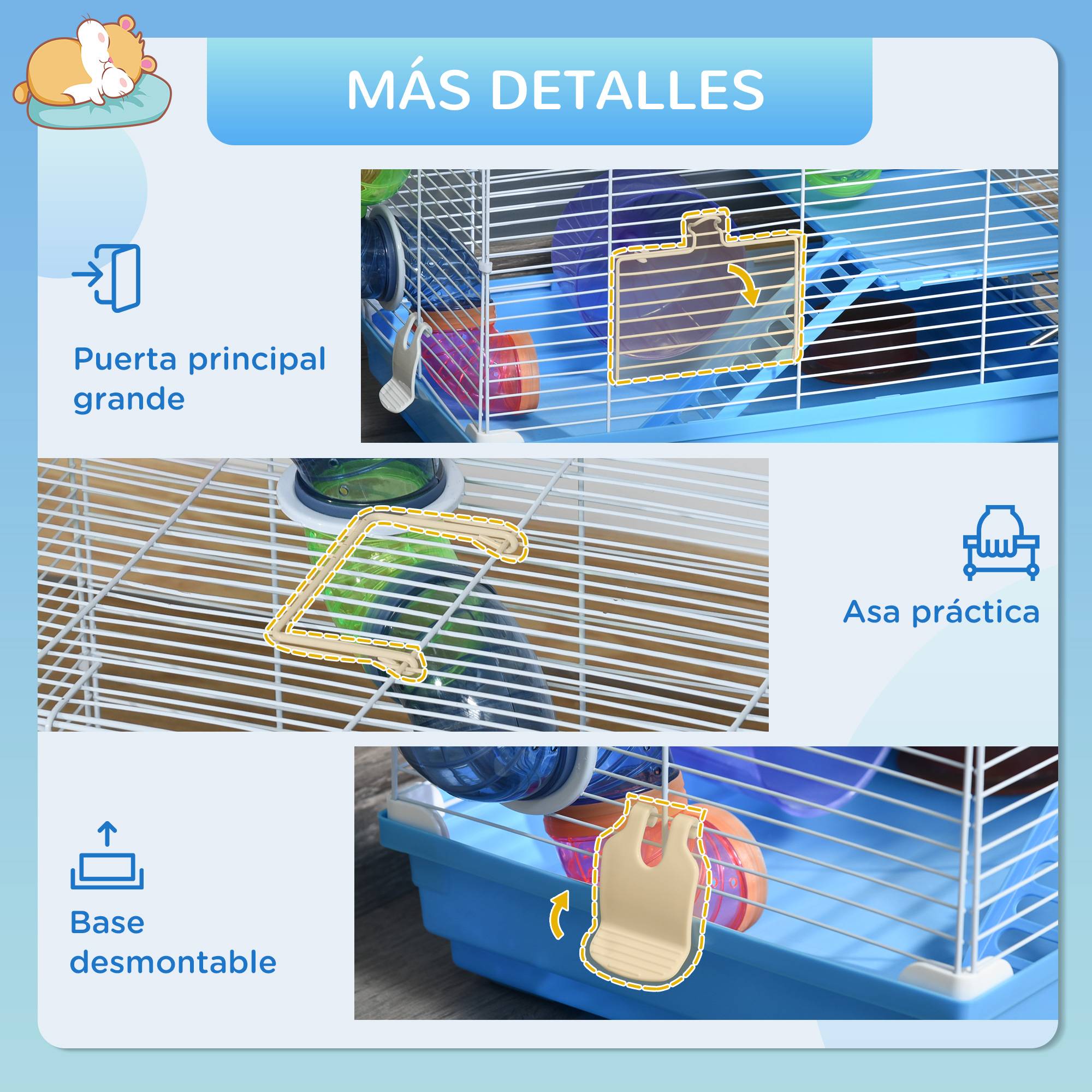 Cage Hamster Portable 46 x 30 x 37 cm avec Tubes, Roue, Biberon, Mangeoire et Rampe, Usage Intérieur/Extérieur, Bleu/Blanc - Image 8