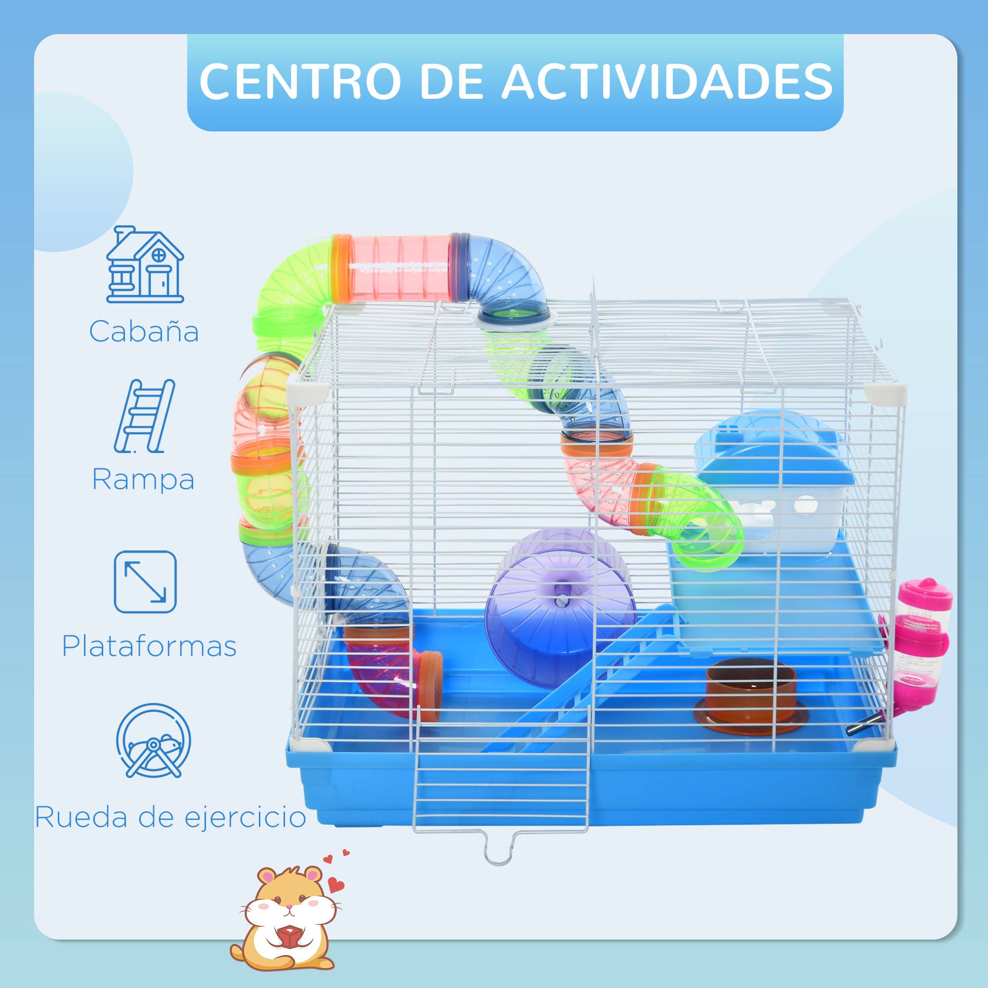 Cage Hamster Portable 46 x 30 x 37 cm avec Tubes, Roue, Biberon, Mangeoire et Rampe, Usage Intérieur/Extérieur, Bleu/Blanc - Image 6