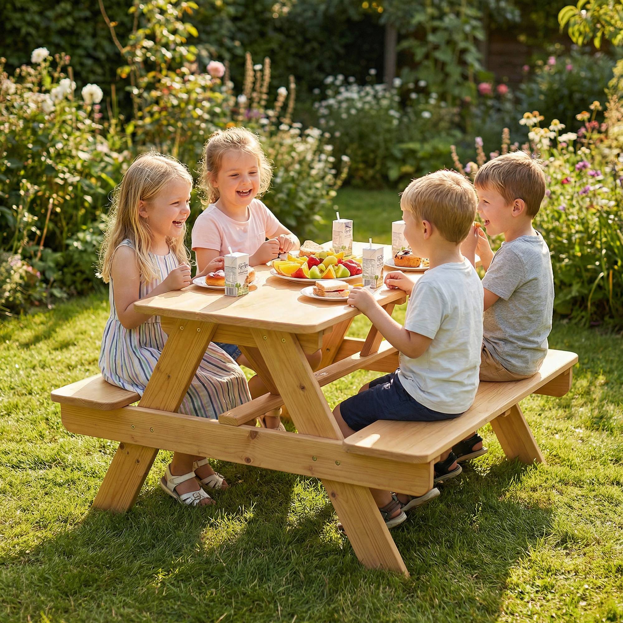 Ensemble salon de jardin extérieur enfant avec coussins et parasol amovible, rayé bleu marine et blanc - Image 3