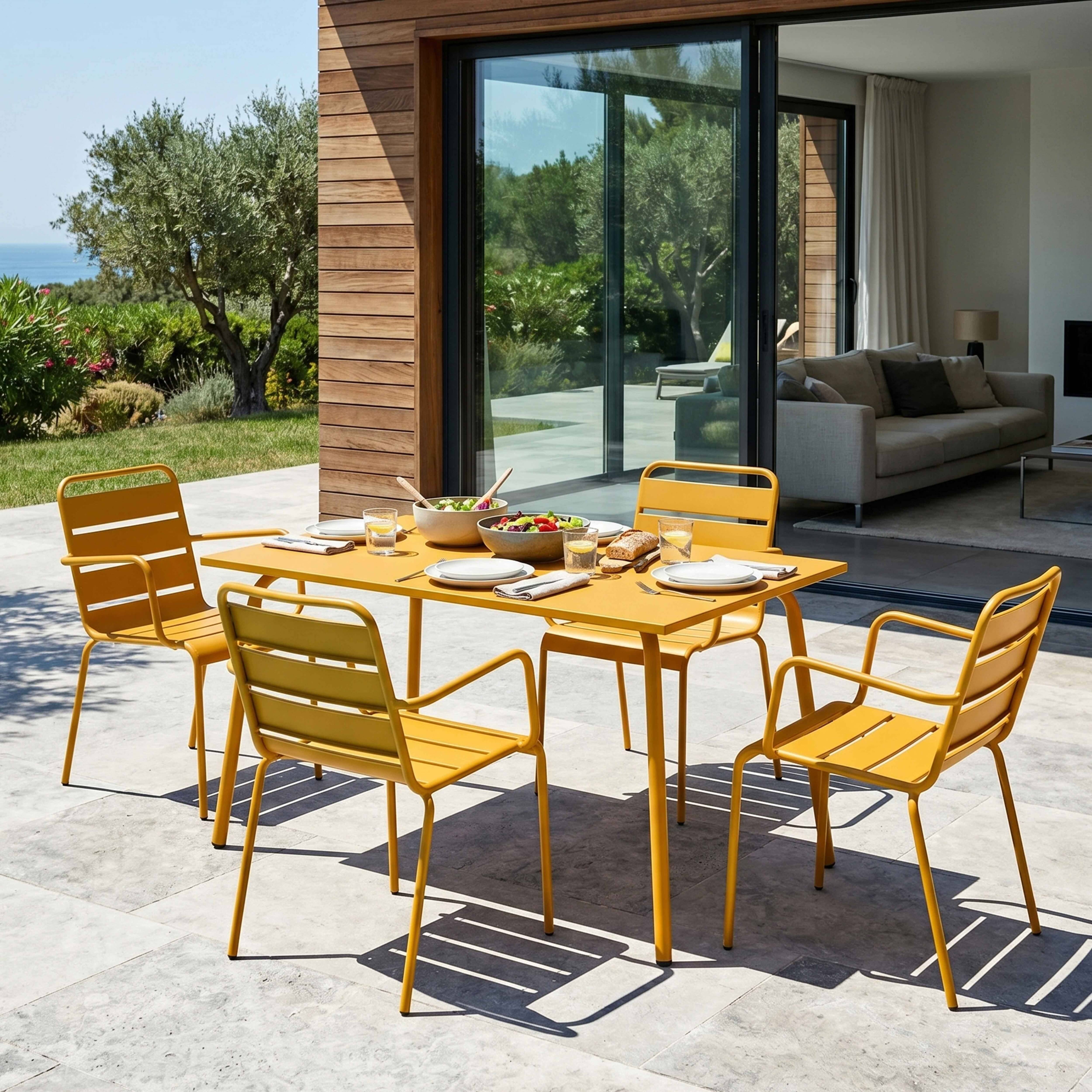 Oviala - Ensemble table de jardin et 4 fauteuils en métal jaune Palavas - Oviala - Imagen 2