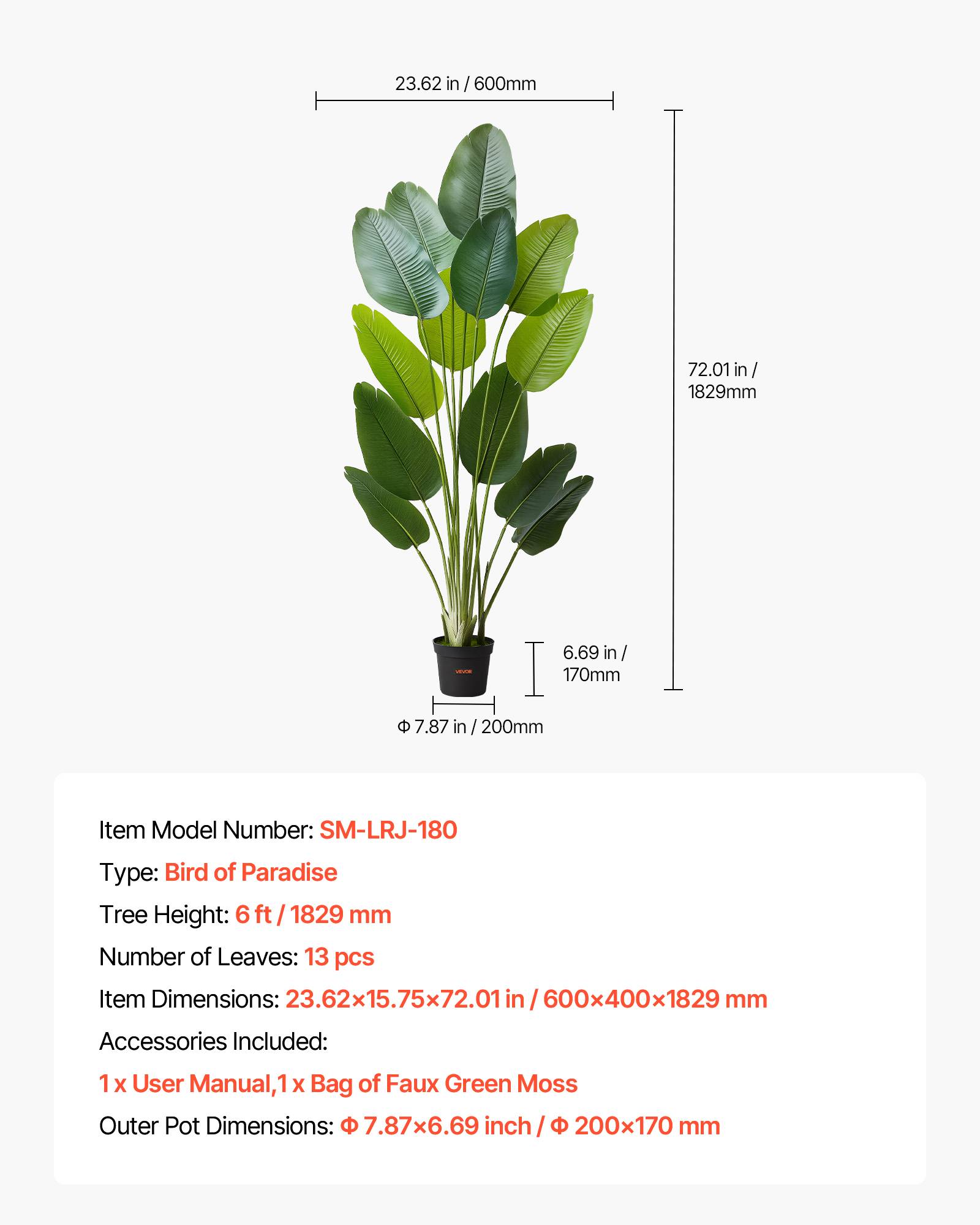 VEVOR Oiseau Paradis Artificiel Plante Artificielle Tropicale Faux Arbre 1,8 m - Image 7
