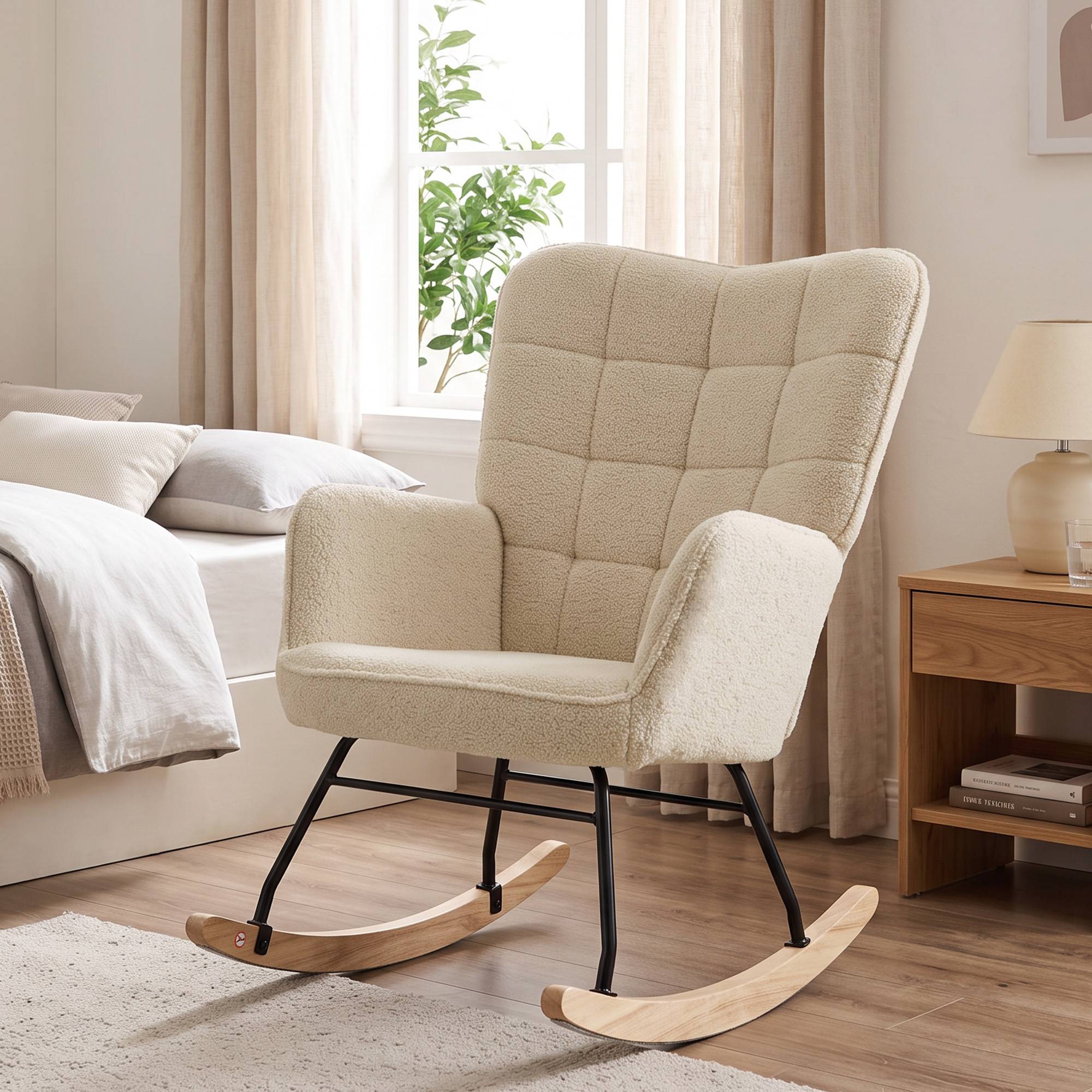 Sans Marque - Fauteuil à bascule rocking chair revêtement effet laine bouclée, structure en acier 71 x 98 x 101 cm beige - Image 4