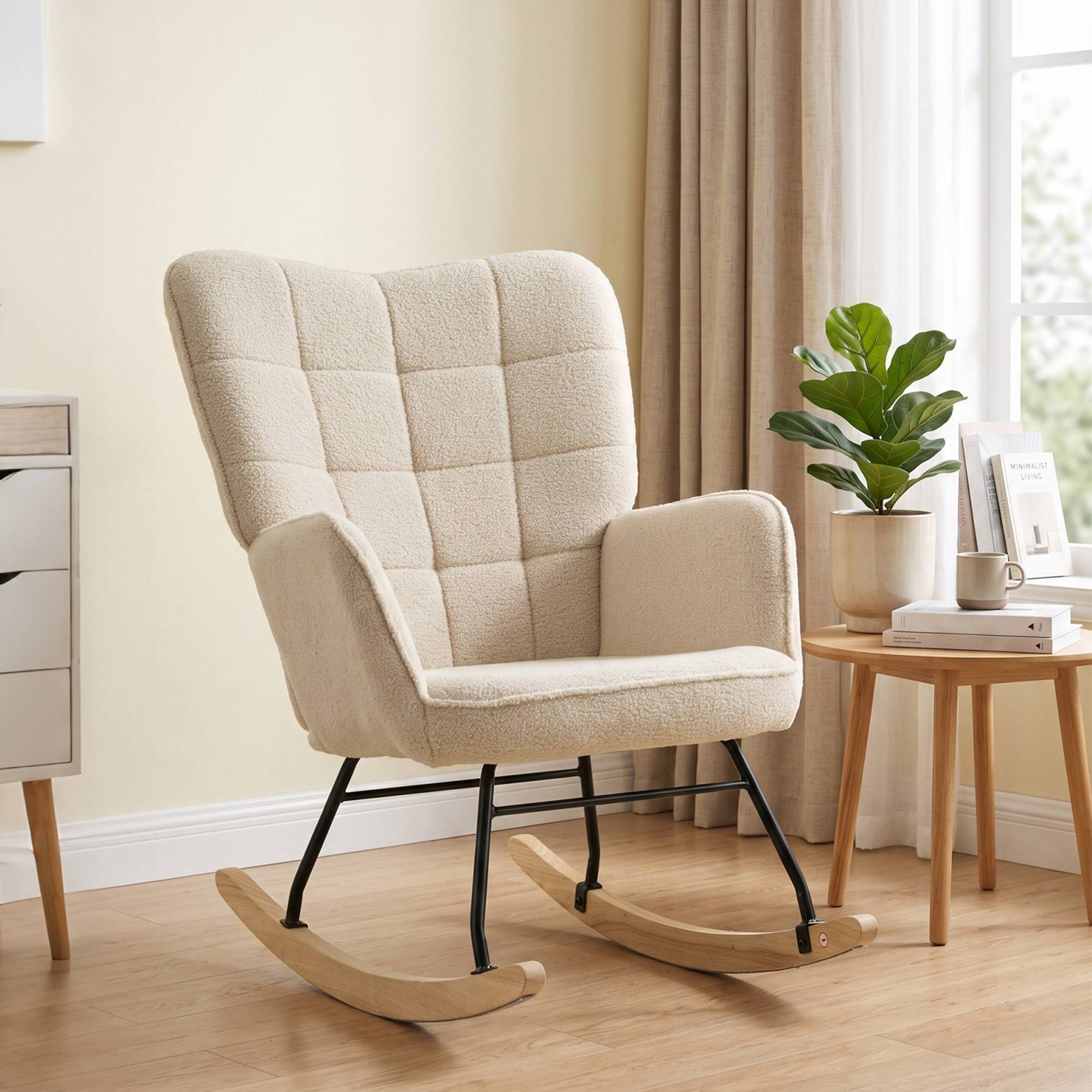 Sans Marque - Fauteuil à bascule rocking chair revêtement effet laine bouclée, structure en acier 71 x 98 x 101 cm beige - Image 3