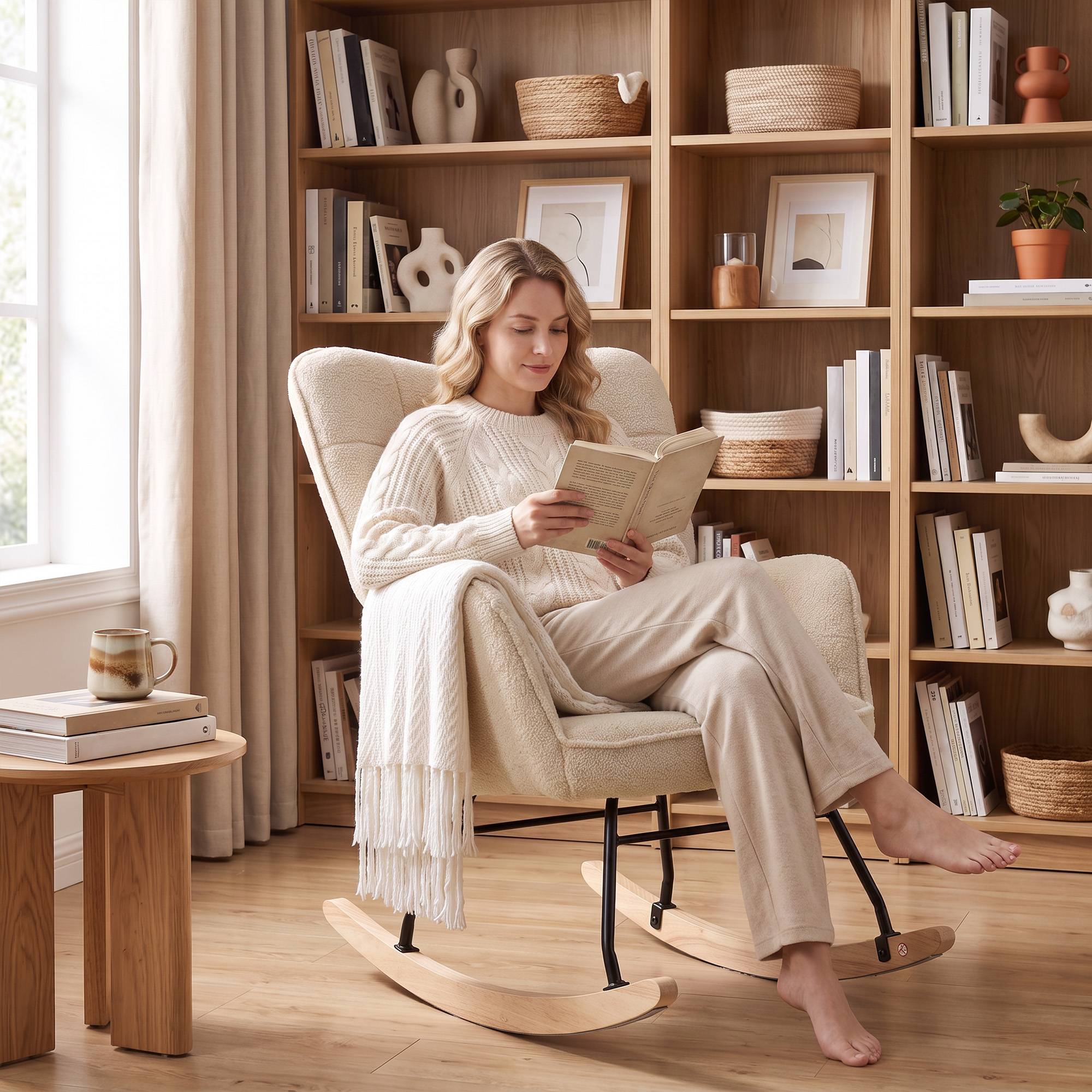 Sans Marque - Fauteuil à bascule rocking chair revêtement effet laine bouclée, structure en acier 71 x 98 x 101 cm beige - Image 10