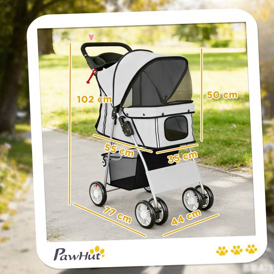 Poussette pour petit chien avec panier de rangement, porte-gobelet, roues et coussin lavable 77 x 44 x 102 cm Gris - Image 5
