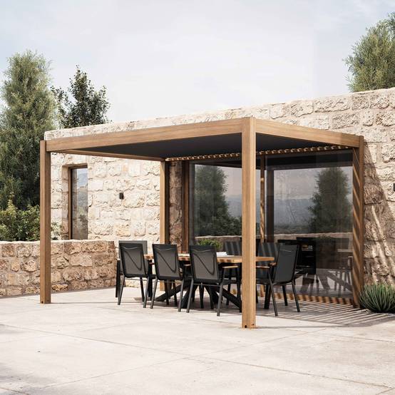 Oviala - Pergola bioclimatique autoportée 3x4m et 3 stores bois gris Athenes - Oviala - Image 3