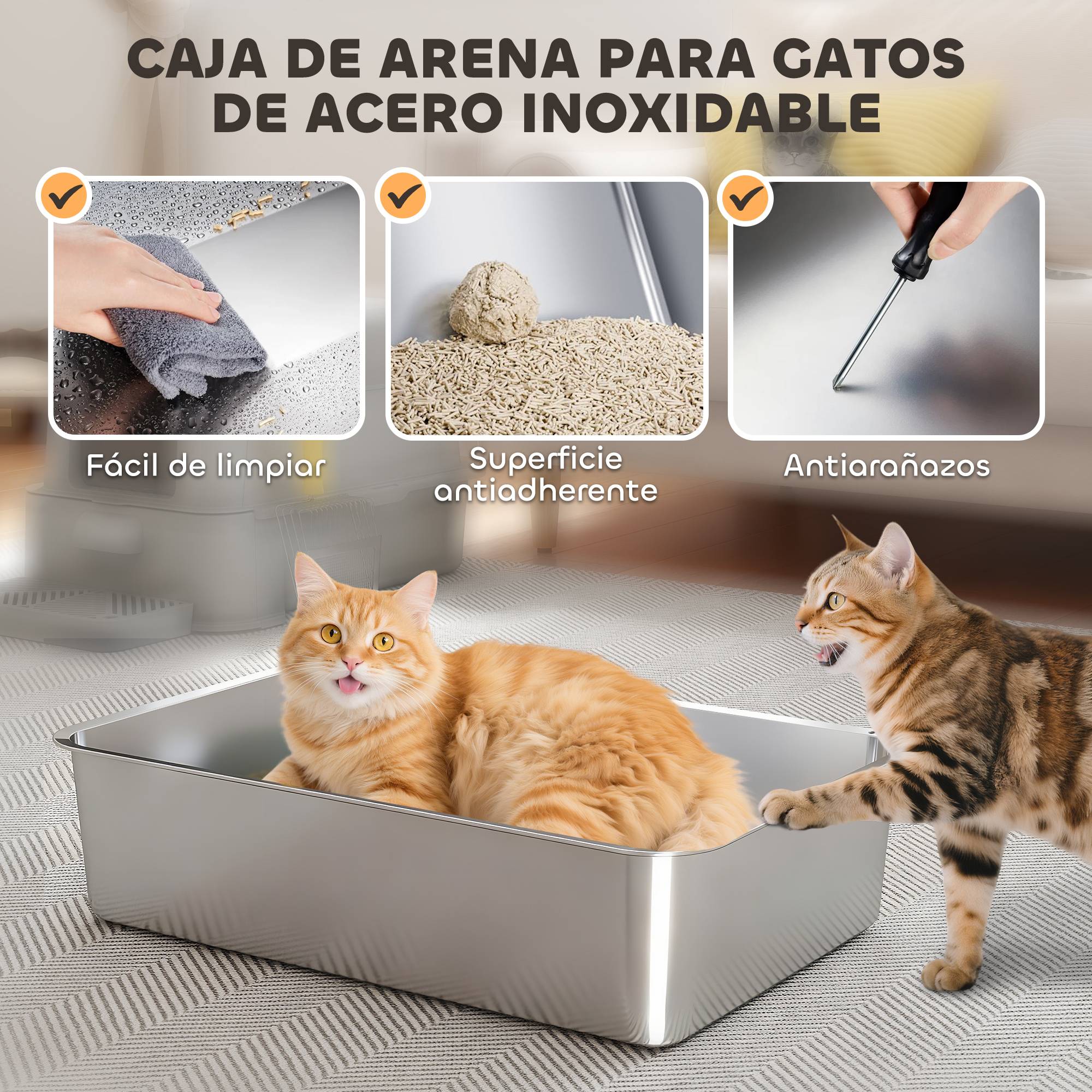 Litière chat acier inoxydable XL couvercle rabattable 180° côtés hauts pédale pelle gris clair - Image 8