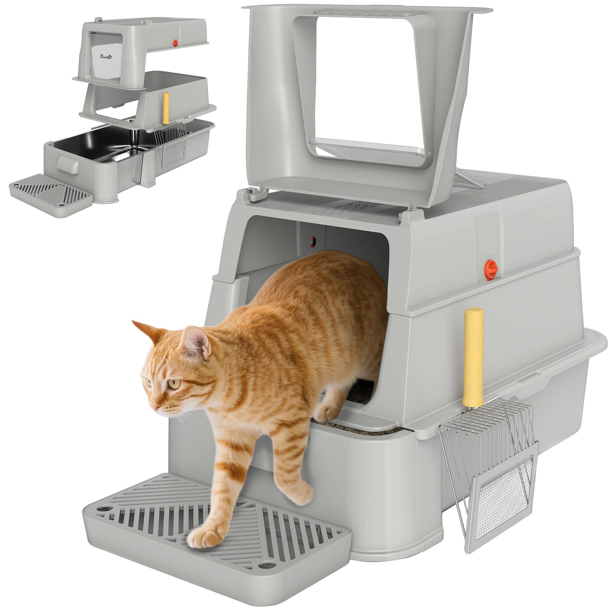 Litière chat acier inoxydable XL couvercle rabattable 180° côtés hauts pédale pelle gris clair - Image 1