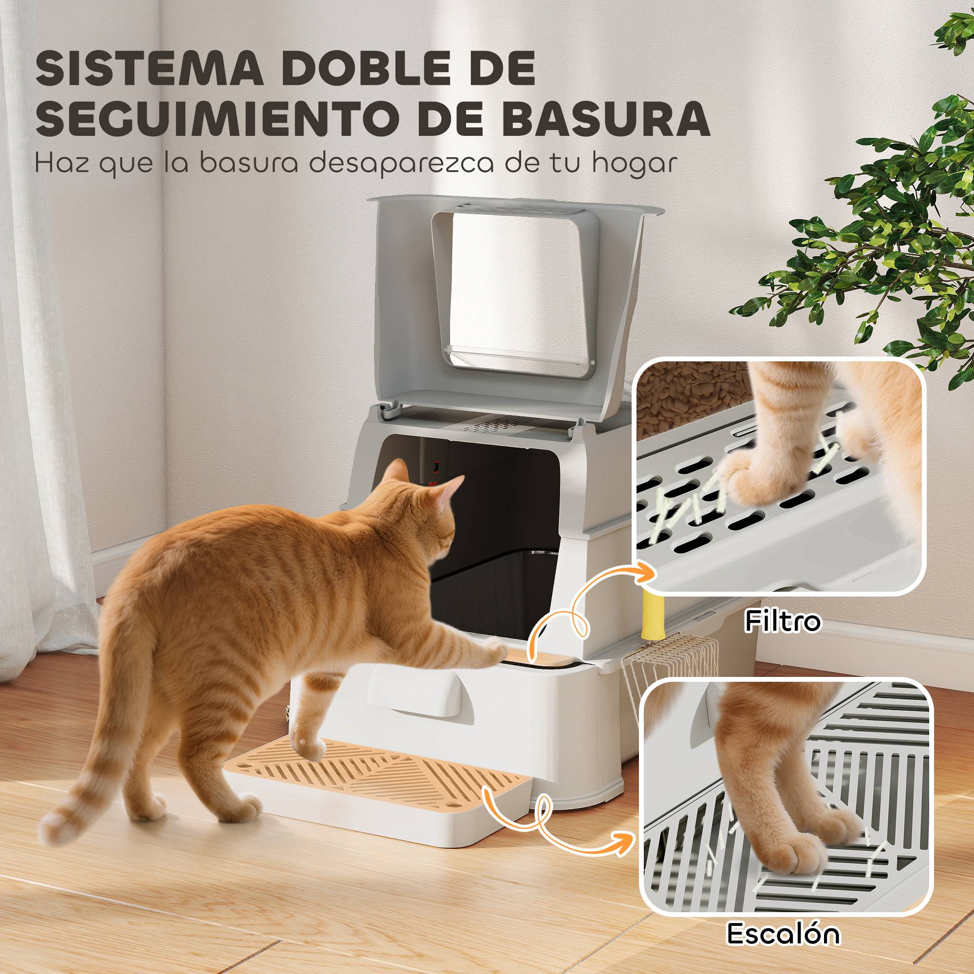 Litière chat acier inoxydable XL couvercle rabattable 180° côtés hauts pédale pelle gris clair - Image 10