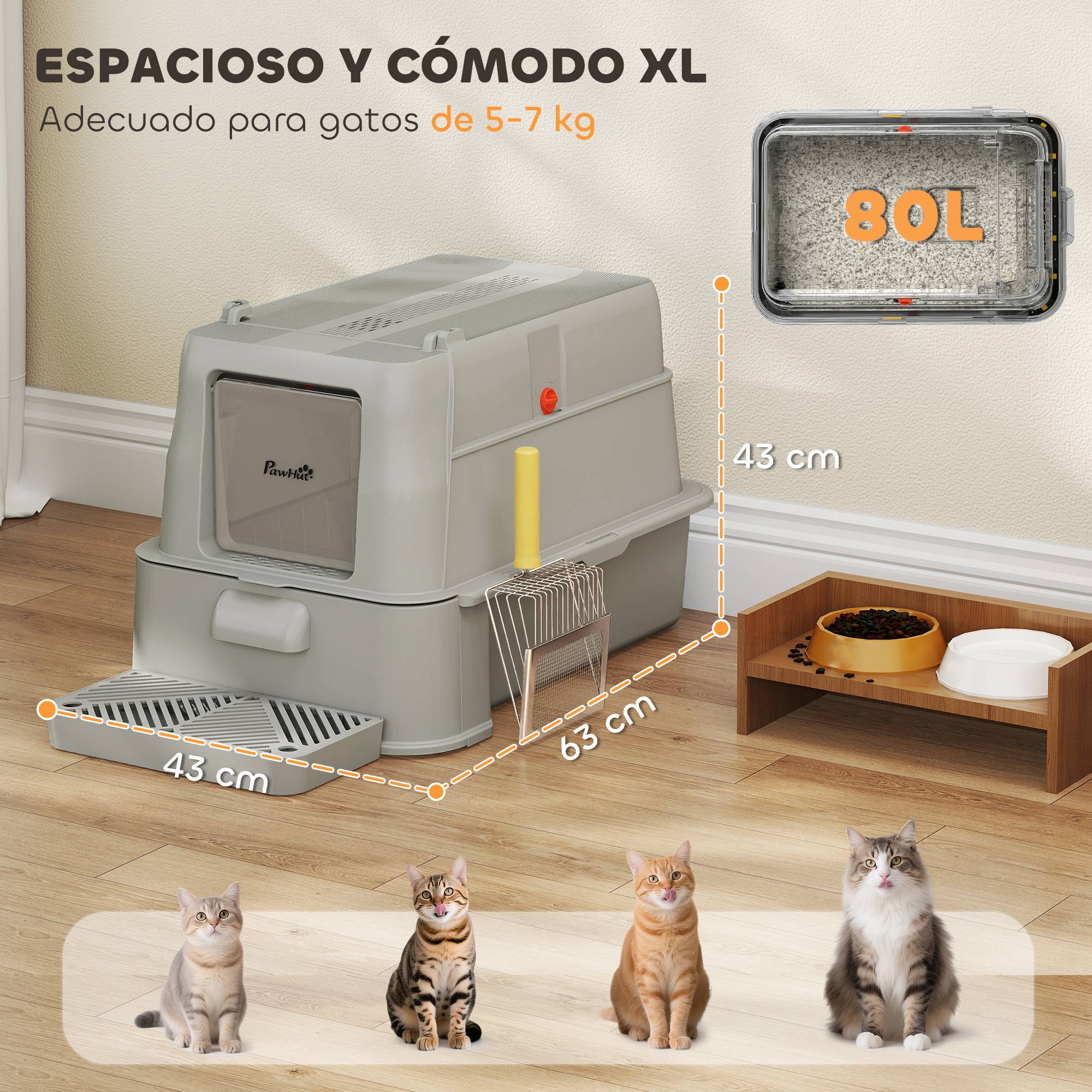 Litière chat acier inoxydable XL couvercle rabattable 180° côtés hauts pédale pelle gris clair - Image 7
