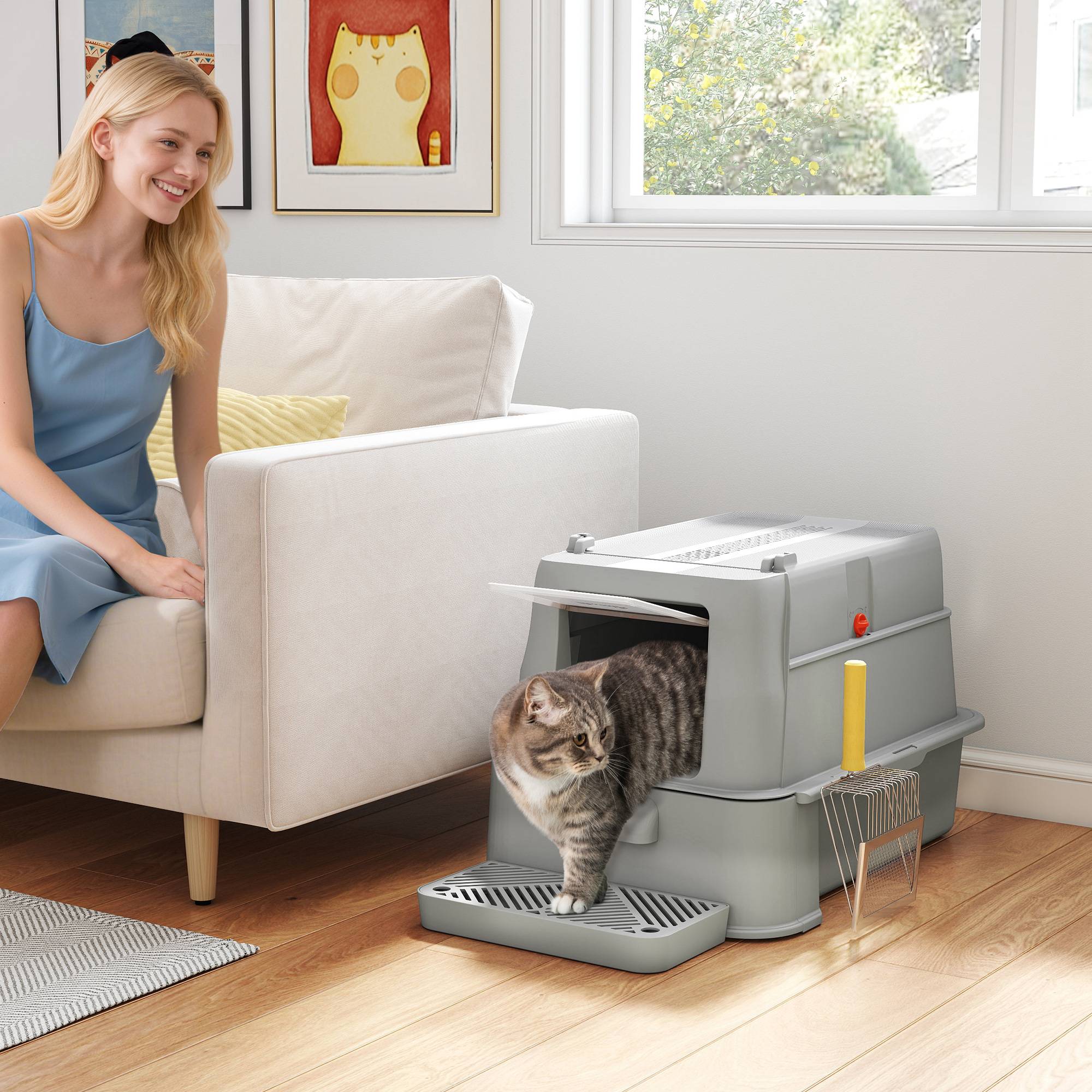 Litière chat acier inoxydable XL couvercle rabattable 180° côtés hauts pédale pelle gris clair - Image 4