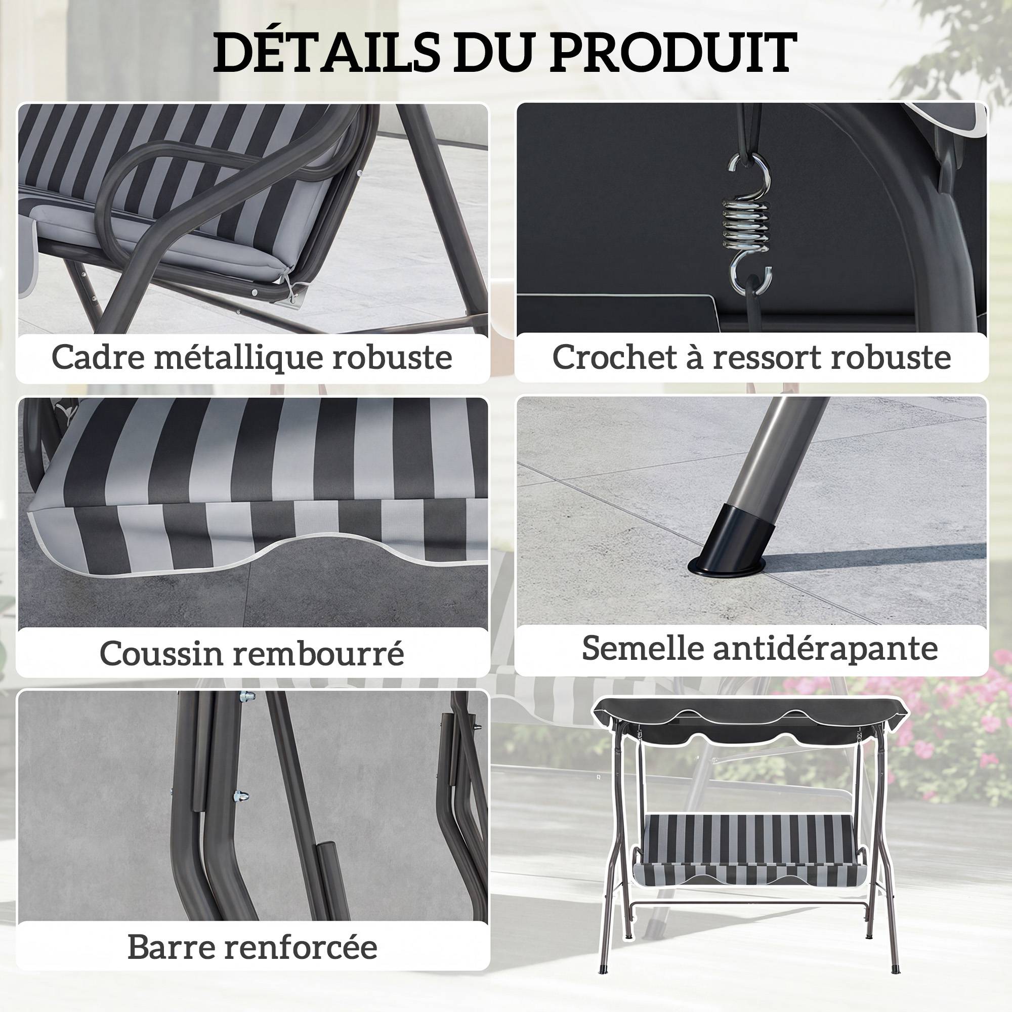 Balancelle 3 places métal terrasse jardin toit imperméable 170x110x153cm gris blanc - ComfortXL Outdoor Living - Image 7