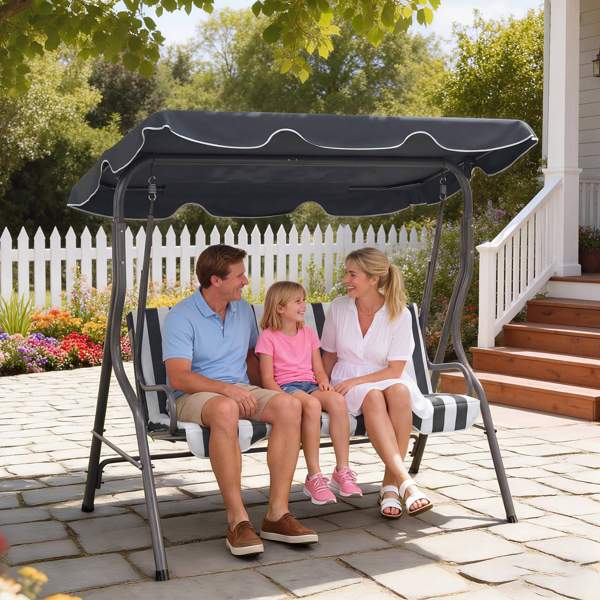 Balancelle 3 places métal terrasse jardin toit imperméable 170x110x153cm gris blanc - ComfortXL Outdoor Living - Image 3