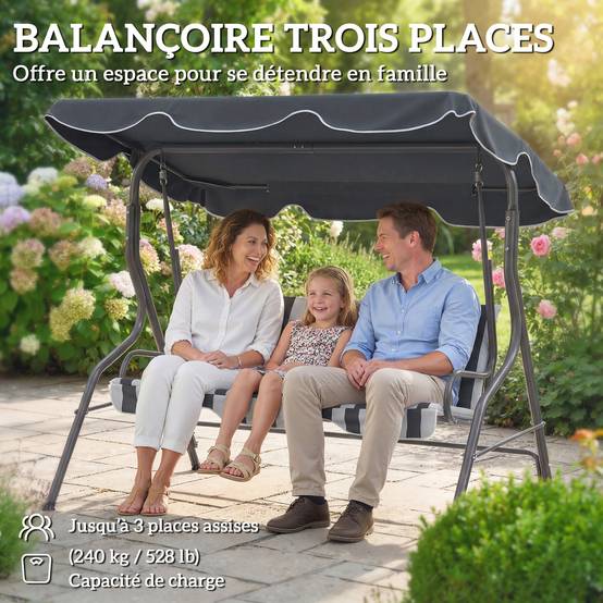 Balancelle 3 places métal terrasse jardin toit imperméable 170x110x153cm gris blanc - ComfortXL Outdoor Living - Image 8