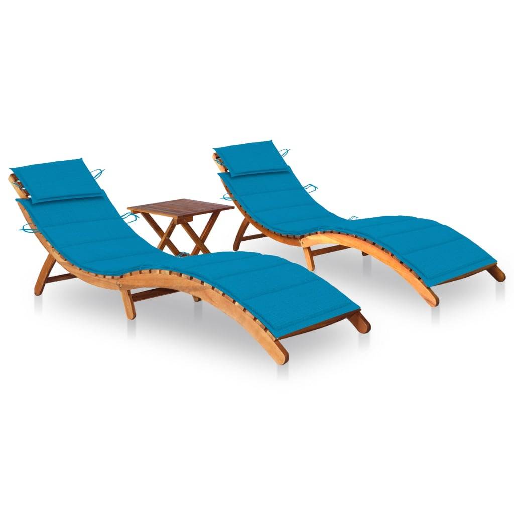 Helloshop26 - Lot de 2 transats chaise longue bain de soleil lit de jardin terrasse meuble d'extérieur avec table et coussins acacia solide - Imagen 1