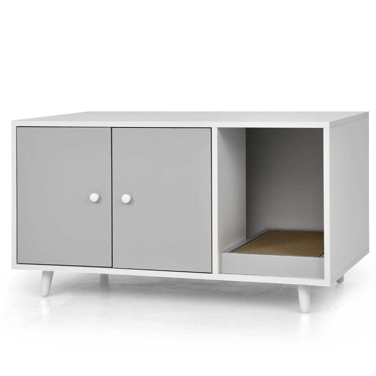 Maison de Toilette pour Chats 90 x 50 x 50 cm Meuble Literie Chat avec 2 Portes avec Planche à Gratter Gris - Image 5