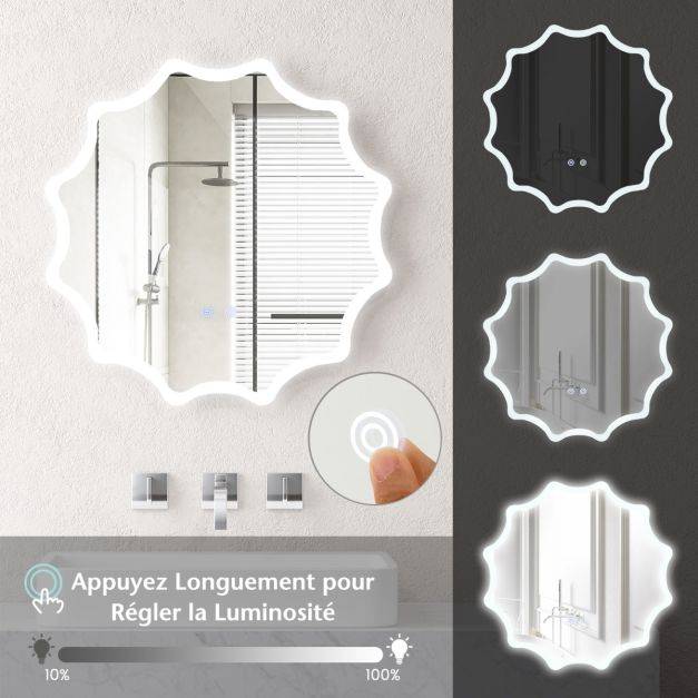 Helloshop26 - Miroir mural rond avec 3 couleurs de lumière et anti-buée miroir de maquillage éclairé à intensité variable avec bouton tactile intelligent 60 cm x 6 - Imagen 2