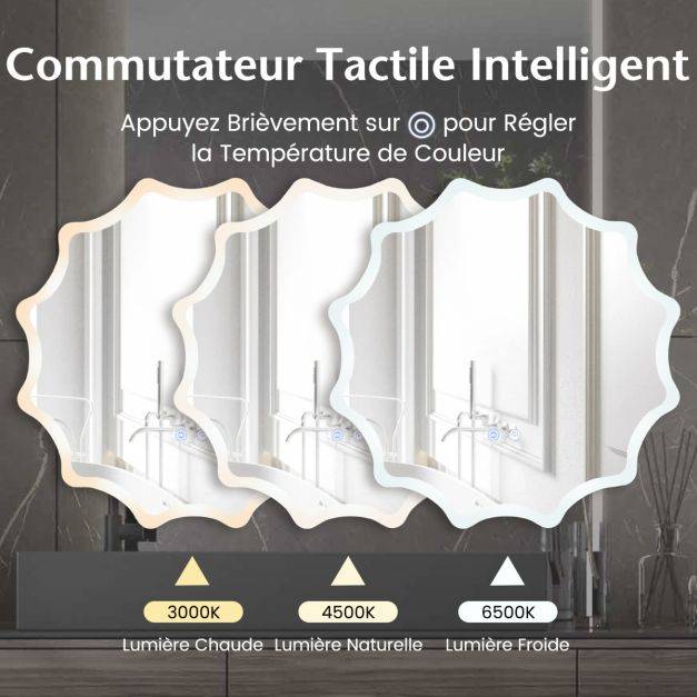 Helloshop26 - Miroir mural rond avec 3 couleurs de lumière et anti-buée miroir de maquillage éclairé à intensité variable avec bouton tactile intelligent 60 cm x 6 - Imagen 3